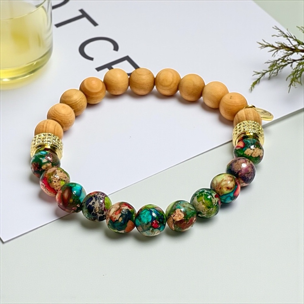 Colorful Beaded Sediment Jasper  Sandalwood Diffuser Bracelet with Gold Accents